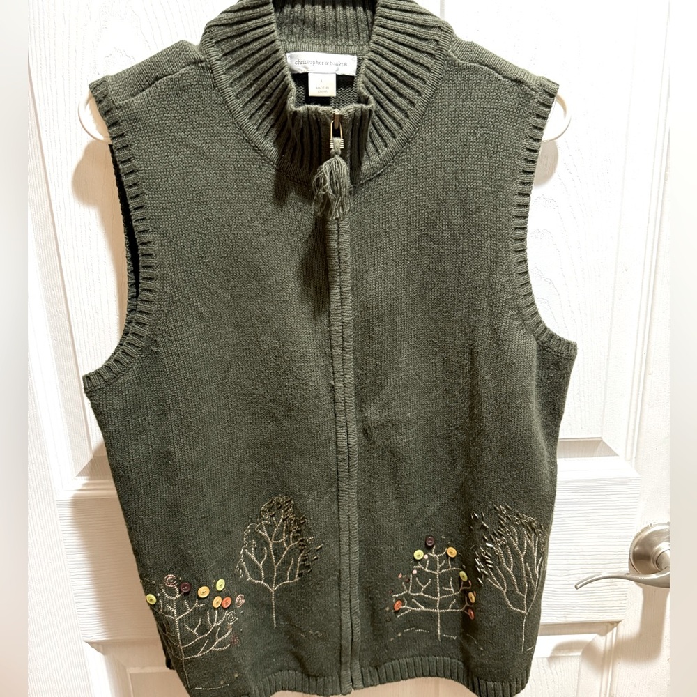 Vintage Christopher & Banks green fall trees embroidered sweater vest si…